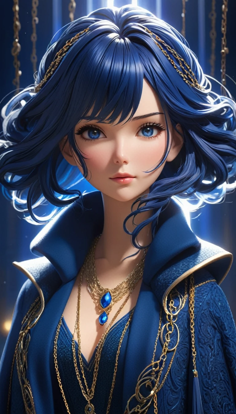 Anime HD style:With a stir of adventure in her eyes, a goddess emerges, possessing short, dark blue hair adorned with shimmering chains. Tall and confident, she gracefully dons a blue sweater underneath an open coat. The thin chains around her head reflect the light, playing off her meticulously styled hair. The sweater, though humble in design, molds perfectly to her sculpted figure, while the coat adds an allure of mystery and power to her presence. Realistic CGI brings the scene to life, meticulously capturing every intricate detail, from the strands of her hair to the intricate patterns on her coat.
