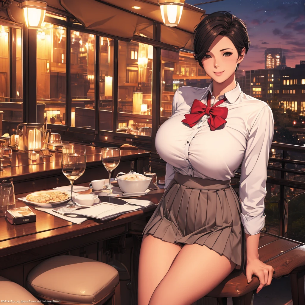 (8K, RAW Photos, Highest quality, masterpiece:1.2), (Realistic, photo-Realistic:1.37), Super detailed,
1 Girl,cute, alone,Beautifully detailed skies,Detailed Cafe,night,Sitting,Date,(Red nose),(smile:1.1),(Mouth closed),Large Breasts, seductive smile, Large opening, Professional Lighting, Sony A7R4, Zesse 50mm F1.8,
Medium chest,Beautiful attention to detail,(Collared shirt:1.1), bow tie,Pleated skirt,(short hair:1.2),Floating Hair 