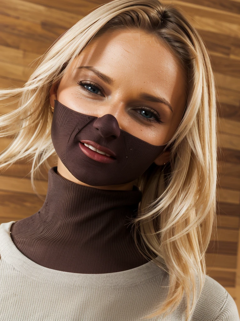 Close up Blonde Ivana Sugar wearing a dark brown tight ribbed turtleneck top blowing a kiss, sexy inviting girl