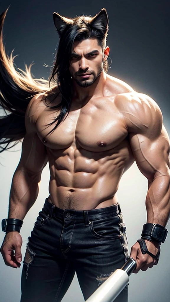 Fusion of a wolf and a muscular man with his teeth out