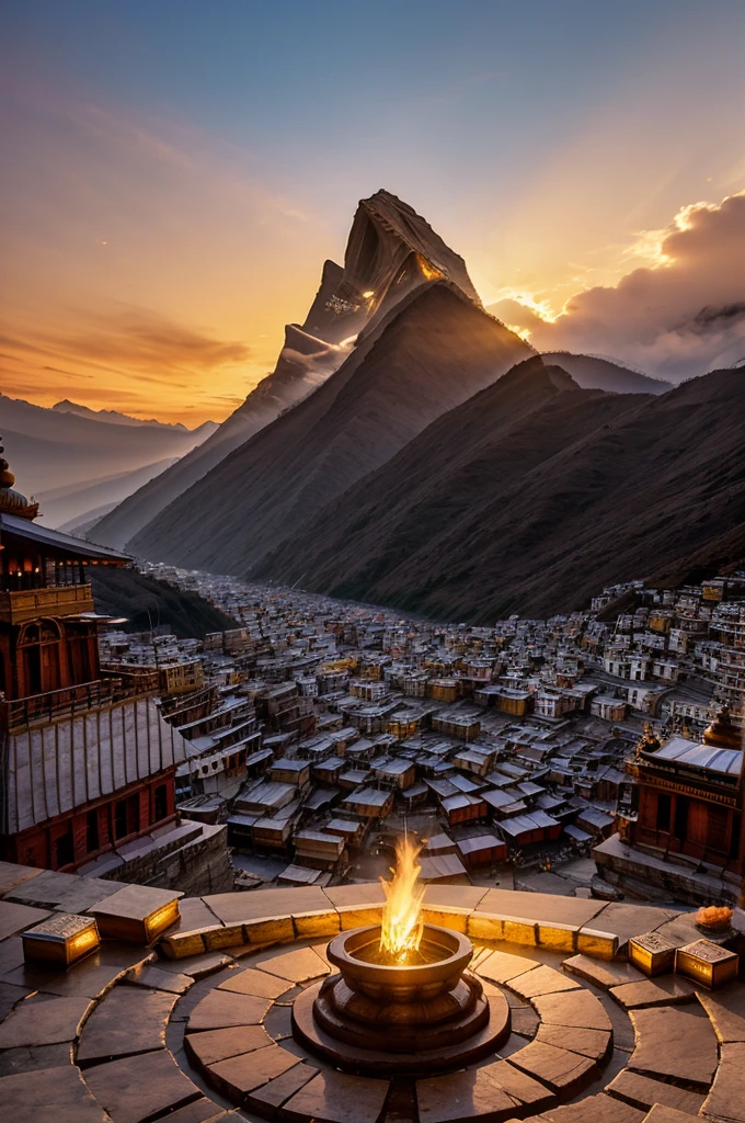 Create an image for At dawn, the first rays of sunlight bathe the Kedarnath Temple in a golden glow, illuminating the faces of thousands of devotees in prayer. Capture the magical moment when nature and spirituality converge.