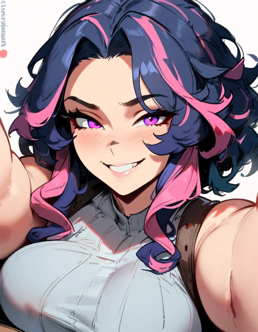1girl, lady nagant, boku no hero academia \\\\\ masterpiece, best quality, very aesthetic, absurdres, newest \\\\\\ sportive body, \\\\\\ by nyantcha,,by cutesexyrobutts,by khyle ///// horny smile,pov, ,long, indigo-colored hair with numerous scattered pink streaks, purple eyes