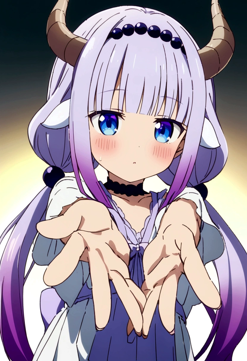 best quality, masterpiece, highres, solo, {kanna_kamui_kobayashisanchinomaidragon:1.15}, long_hair, light_purple_hair, blue_eyes, hair_ornament, bangs, blush, multicolored_hair, twintails, blunt_bangs, hair_beads, beads, hairband, gradient_hair, low_twintails, horns, dragon_horns, purple_hair, 1girl, anime_coloring, bow,Young girl, reaching out to us Pose