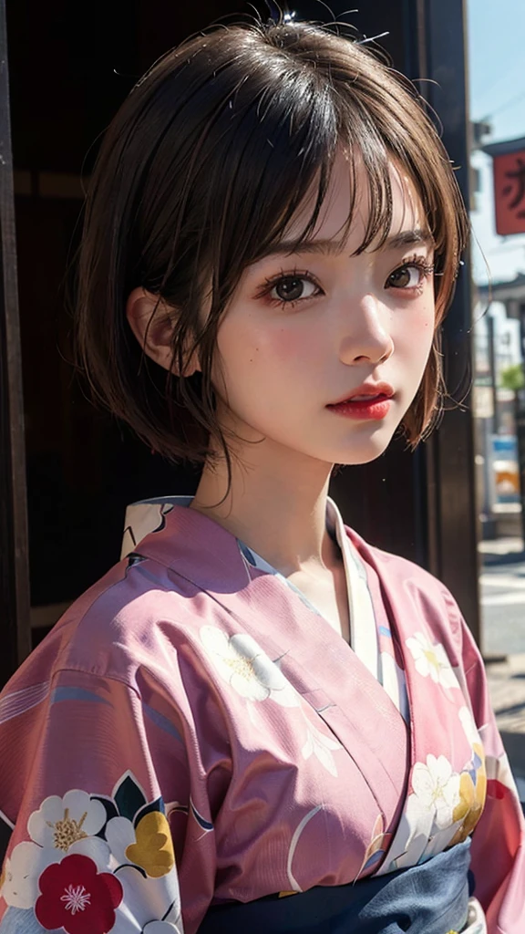 (Highest quality, masterpiece:1.3), shape, ((Beautifully detailed face)), beautifully detailed skin, Intricate details, Very detailed, Best image quality in 8K,(18 year old high school girl:kimono),A Japanese girl,,(Detailed Hair,Bobcut:1.4),Detailed lips,Open your mouth,(The whole body is shown:1.9,Long Shot),blush,Embarrassing,Realistic Face,Realistic Skin,(Vibrant Skin),Vivid lips,Lip gloss,(Kyoto cityscape)