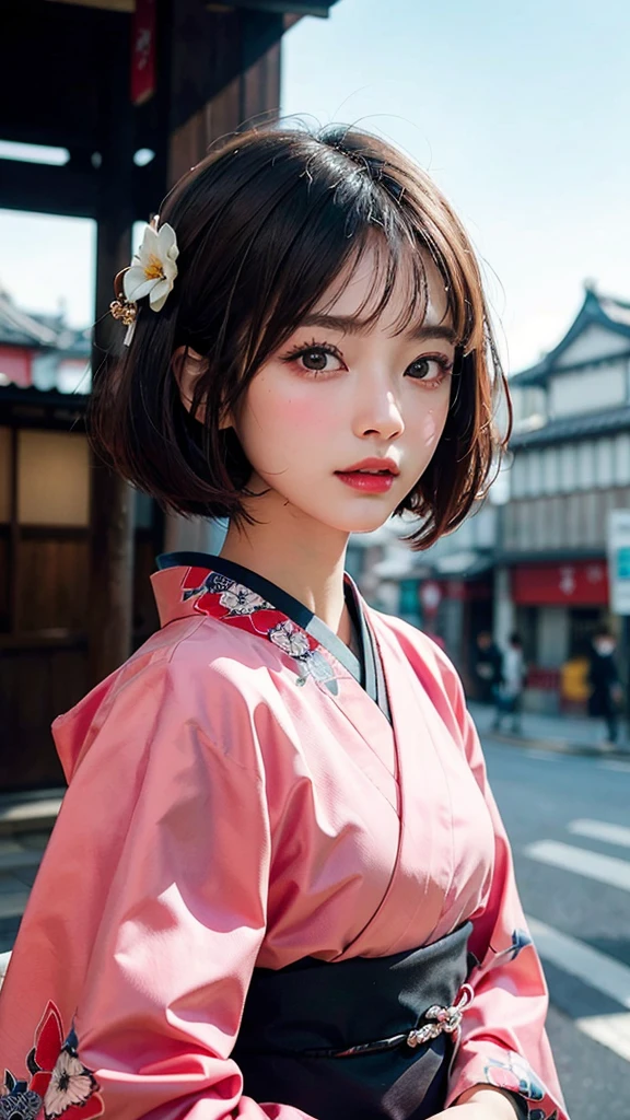 (Highest quality, masterpiece:1.3), shape, ((Beautifully detailed face)), beautifully detailed skin, Intricate details, Very detailed, Best image quality in 8K,(18 year old high school girl:kimono),A Japanese girl,,(Detailed Hair,Bobcut:1.4),Detailed lips,Open your mouth,(The whole body is shown:1.9,Long Shot),blush,Embarrassing,Realistic Face,Realistic Skin,(Vibrant Skin),Vivid lips,Lip gloss,(Kyoto cityscape)