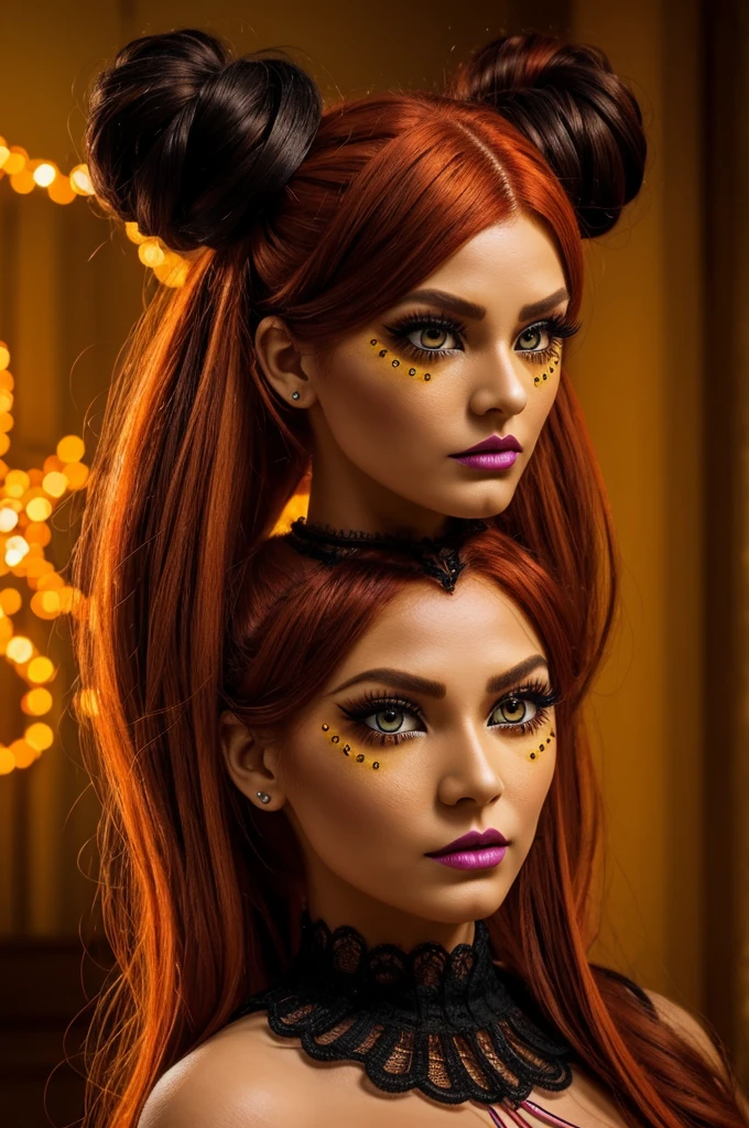 A Voodoo doll with long dark orange hair held in a bun, of which two large needles are anchored, with fringe and in this two strands that simulate horns, big yellow eyes, bright magenta pupil and prominent eyelashes, dark pink oval cheeks and dark fiusha lips, 40&#39;s style circus suit and a black collar fitted in the middle of the neck. animated cartoon