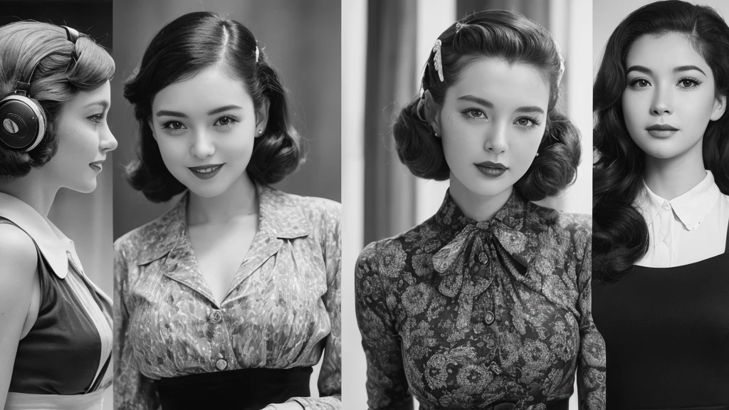 (1940s women:1.3), (1women:1.3), smile shyly, (highly detailed face), (extremely detailed beautiful face), (Early Showa hairstyle, retro hairstyle, 1940 fashionable clothing, oldies fashion:1.3), (Best Quality:1.4), (Ultra-detailed), extremely detailed CG unified 8k wallpaper, Realistic portrait, Beautiful detailed, High-definition raw color photos, professional photography, (fine face:1.2), focus on women, (oldies, oldies songs, Old photos, retro photos, sepia photos, black and white photos, valuable photos that give you a sense of the times), A scene from a retro movie from the 1940s,