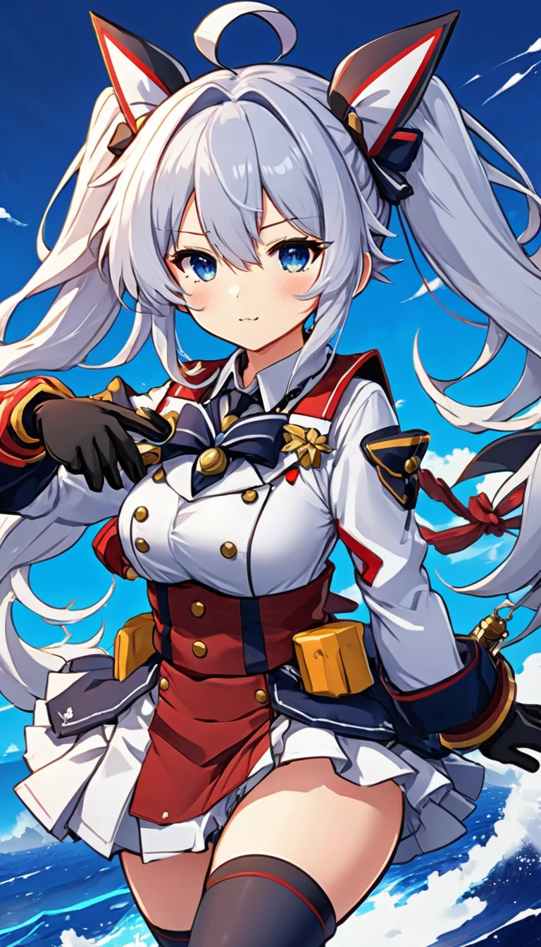 Masterpiece, highres, high Quality, intricately detailed, anime girl, solo, Two-dimensional sensation, sword in hand, gun at the ready, Kantai Collection-inspired, Azur Lane-style, action-packed, kirokaze pixel art, JRPG character, starring in the Azur Lane video game, attack pose, evoking visual novel sprite charm, styled in high quality anime art, white twintails flowing, gloves adding to the charm, Moe anime aesthetics, skillfully crafted with Anime Painter Studio.
