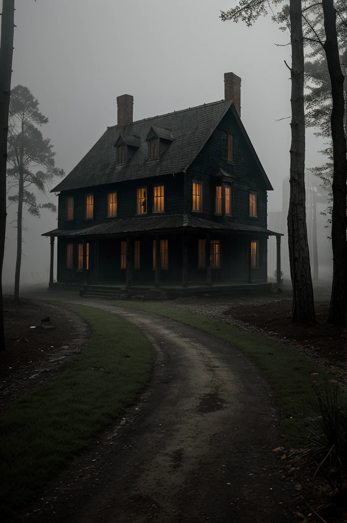 A dark, foggy landscape with an old, eerie house in the background, and a dimly lit path leading to it."