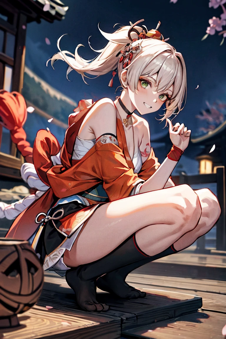 masterpiece, Exquisite, High resolution, Silver Hair, Medium Hair, Asymmetrical Hair, Floating Hair, High Ponytail, Side Lock, hair ornaments, hairpin, bangs, Green Eyes, smile, teeth, choker, choker, clavicle, tattoo, Center of chest, Thighs, bandage, bandageを巻いたfeet,Black sash, Otherwise,, kimono, kimono, Drawstring, heart, heartage, heartjime, orange kimono, Drawstring, patterned kimono, rope, heart, shimenawa, short kimono, Bare shoulders, Genshin Impact, East Asian architecture, cherry blossoms, whole body, Squat, 線香firework, night, firework, firework, feetを組んだ, feet, One-handed gloves, One fingerless glove, Wristband, Black socks,,Knee-high socks、Long gloves,Knee-high socks、Long gloves
