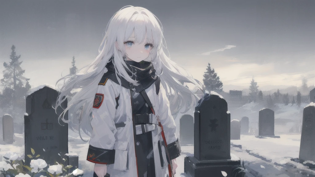 masterpiece:1.2), best quality , 独奏 ,pixiv, anime girl ,long straight white hair , black eyes ,Wearing off-white camouflage uniform ,ten years old,modern battlefield,(Eyes looking into the distance:1.3),(look away:1.5),snowy weather,dirty face,The girl looked sadly at the tombstone and shed tears,holding flowers in hands