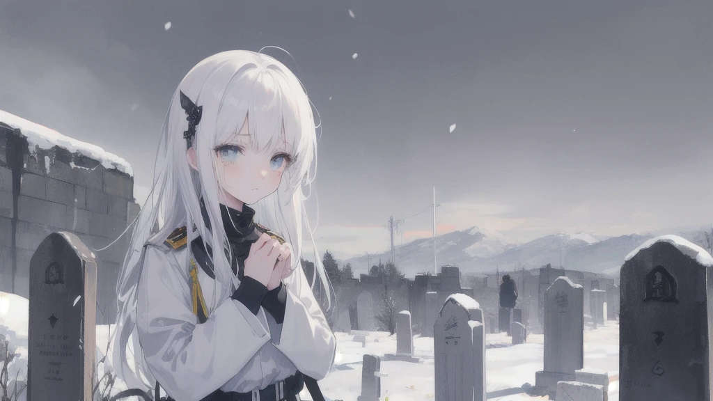 masterpiece:1.2), best quality , 独奏 ,pixiv, anime girl ，long straight white hair , black eyes ,Wearing off-white camouflage uniform ,ten years old，modern battlefield，(Eyes looking into the distance:1.3)，(look away:1.5)，snowy weather，dirty face，The girl looked sadly at the tombstone and shed tears，holding flowers in hands
