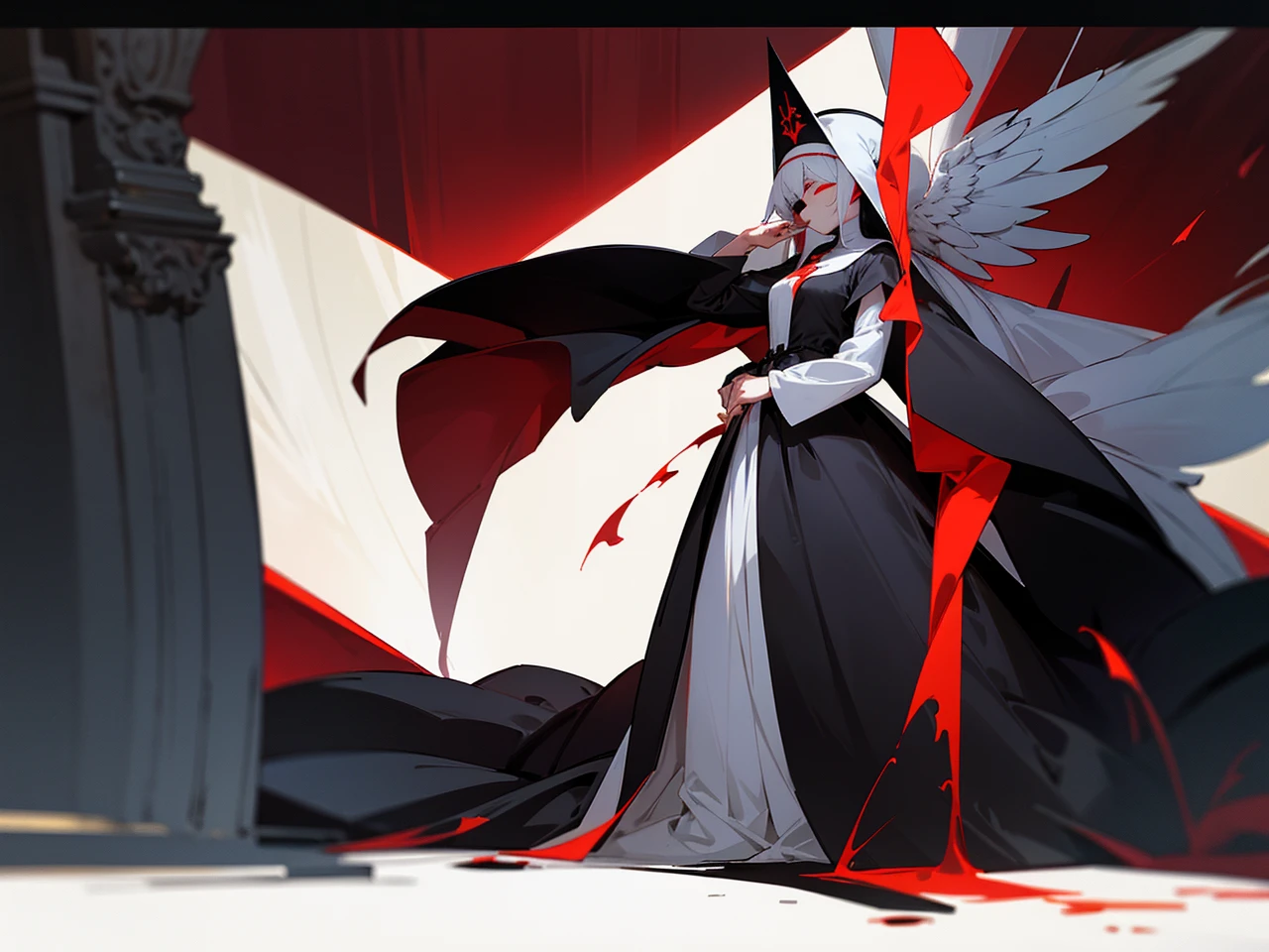 Make an anime poster, has 4 women in it, on the left side a classy dressed beauty with only the colors red and white, has an angelic presence but a demonic personality, she wears a hat on her head and a long mature gown. On the middle, a millitary general with black and white hair, and a blindfold covering her eyes. Behind her in the back, a woman faded in the background, only her eyes red Phoenix can be seen. Finally at the very right side a nun with a blindfold and a church nun fantasy black dress, holding her hands together symbolizing a prayer gesture.