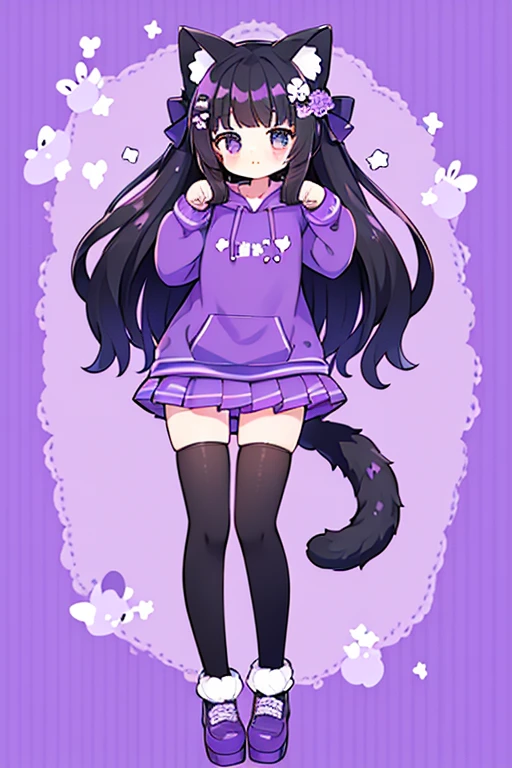 Black cat girl, purple, cute, wearing a purple cat hoodie, wearing a purple skirt, wearing white cat socks, purple paw shoes, cheerfull, whiskers, meow pose, white cat on top of the head, purple bows, purple flower, cute purple background, long black hair, big purple bow on the tail, hair down, purple pants, standing