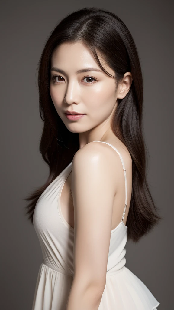 Ultra-high resolution, masterpiece, Rough skin, Very detailed, Photorealistic, Professional Lighting, Written boundary depth, sharp, (Gray background), (Front view:1.2),(Japanese Mature, 45 year old women are sexy), Detailed face, Beautiful Eyes, bangs, Shapely large breasts, Light brown straight hair, Faint lips, (Catch Eye:1.3),((Stand in front、Looking at the audience, Serious face eyes,)), White see-through blouse, Cleavage, Full body photo, Cowboy Shot,