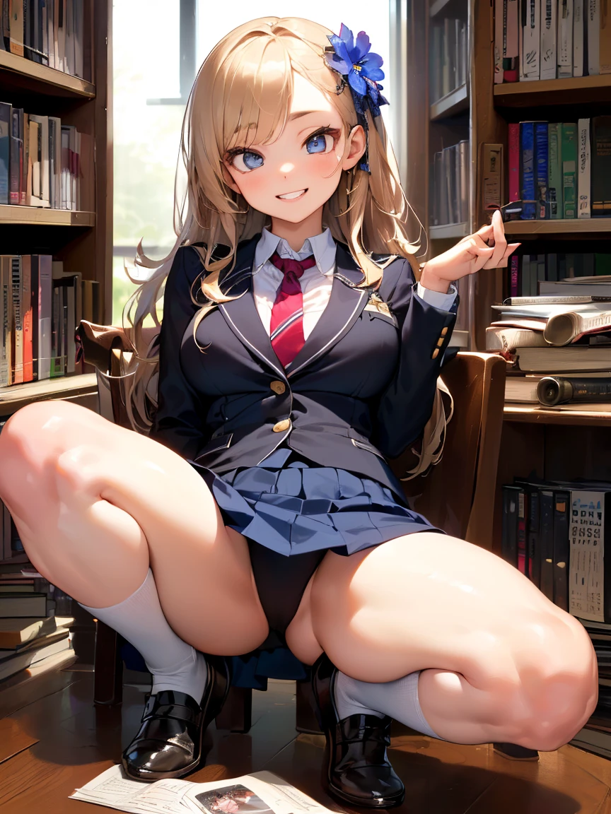 (High School Uniform:1.5)、(Spread your legs)、(Rich color expression)、(Big Breasts)、8K resolution、 masterpiece、((Highest quality))、Anatomically correct、The girl is alone、(I narrowed my eyes a little.:2)、(Flower Hair Ornaments)、(tie)、(ribbon)、((Hasselblad Photos))、[:(Detailed face:1.2):0.2]、(Squat)、(Grin)、(library)