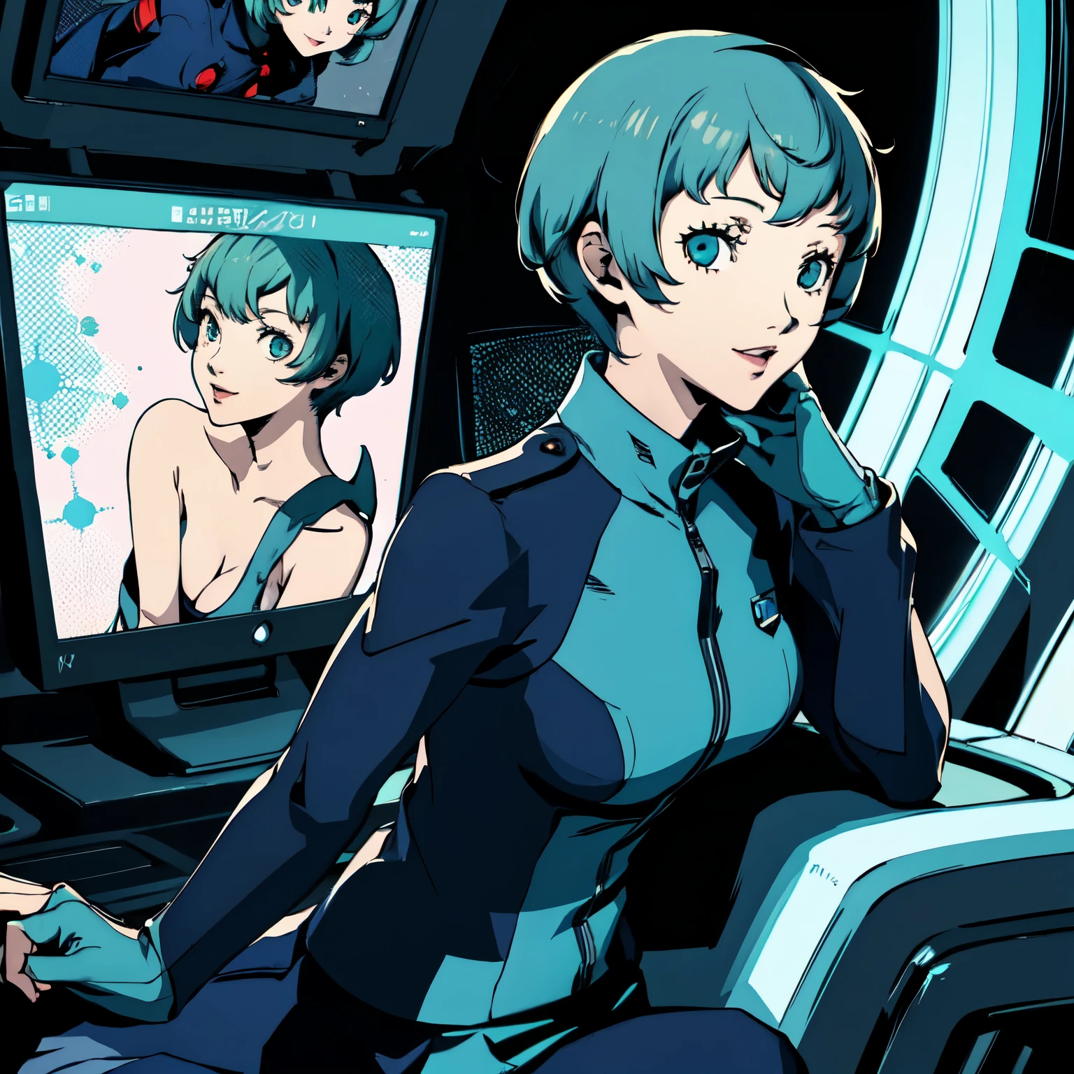 ((P3 Yamagishi Fuuka)),masterpiece, ((best quality)),((1 girl)), blue eyes, light aqua hair, female , tomboy Pixie haircut, deep blue suit,smiling,hacker,in the,dark room,sitting,looking monitor,long skirt,(bimbo),sexy,
