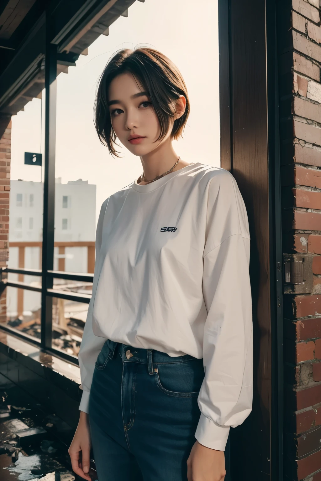 8K, masterpiece, A beautiful woman with short hair standing inside a burning building, Lookbook,