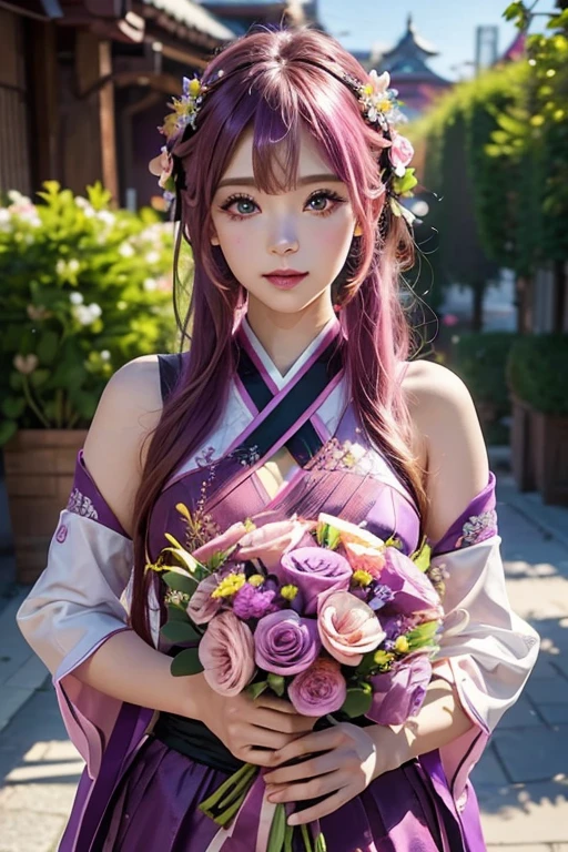 (ultra-Detailed Background, Detailed Background), Absurd, High resolution, Super detailed, Very detailed, One girl, yae miko, Pink Hair, Purple eyes, (bouquet:1.3), (Tangled:1.2), (Geometric:1.2),(colorful),