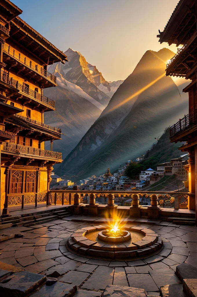 Create an image of At dawn, the first rays of sunlight bathe the Kedarnath Temple in a golden glow, illuminating the faces of thousands of devotees in prayer. Capture the magical moment when nature and spirituality converge.