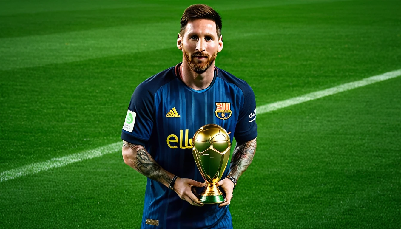 Lionel Messi holding "UEFA Euro" golden trophy,(best quality,4k,8k,highres,masterpiece:1.2),ultra-detailed,(realistic,photorealistic,photo-realistic:1.37),portrait,shiny, football legends,green grass pitch,elaborate celebrations,vivid colors,spotlight,focused,