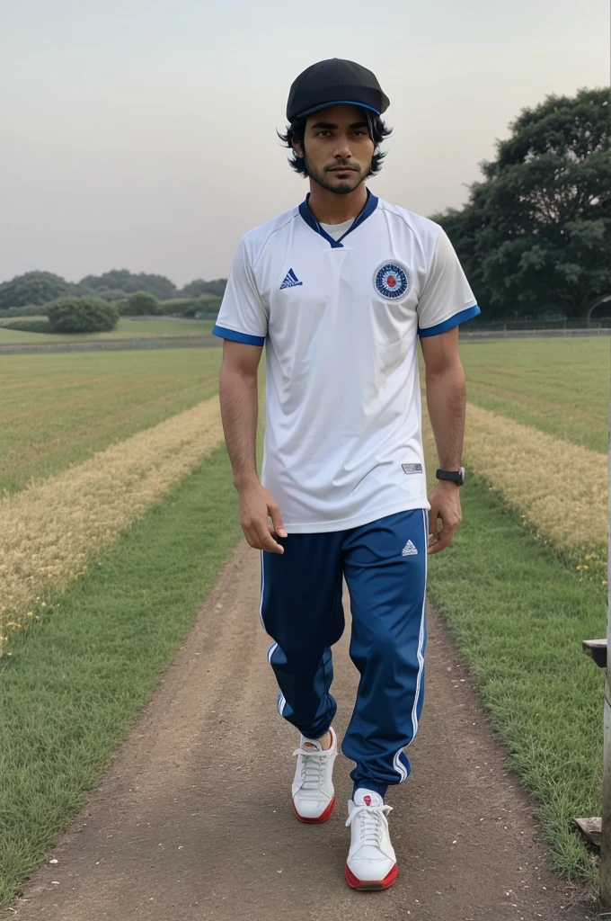 Man 
Black hair 
Wearing Indian jersey 
Blue colour pant
White shoes 
Wearing cap red n black colour 
In a field 
Tan face
