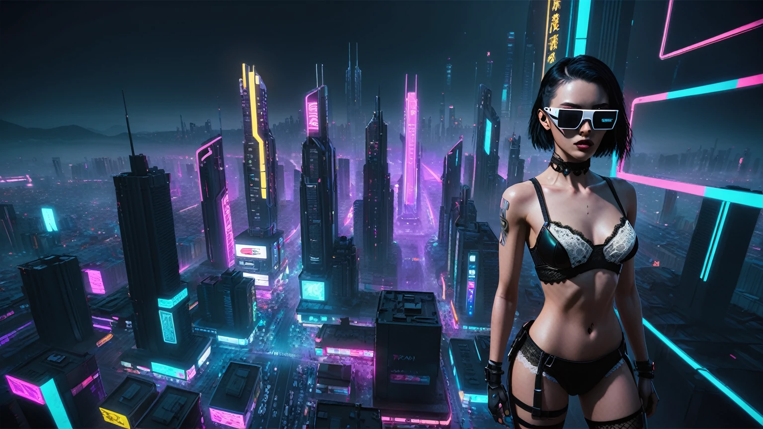 (((1woman, solo))), rainbow light, 3d neon art of a woman's body, cyberpunk femme fatale, seductive cyberpunk dark fantasy, cyberpunk 20 y. o large-breast:1.3 model girl, (((with black miniskirt and white lace panty, with matrix style black micro sunglasses))), oppai cyberpunk, banner, high definition cgsociety, cgsociety masterpiece, trending on cgstation, kda, (((((aerial view))))) image of neon-noir cyberpunk city in the background.