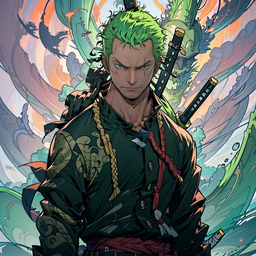 rORONOA Zoro DO ANIME "(ONE PEACE",) standing alone, Looking at Viewer, short hair, long sleeves, 1st grade, GREEN PIRATE suit jacket, upperbody, missiles, male focus, Japanese clothing, green haired, wHater, WAVES, from sideways, scar on left eye, scabbard, scar on the face, Emscabbarddos, (slicked back hair) fire background