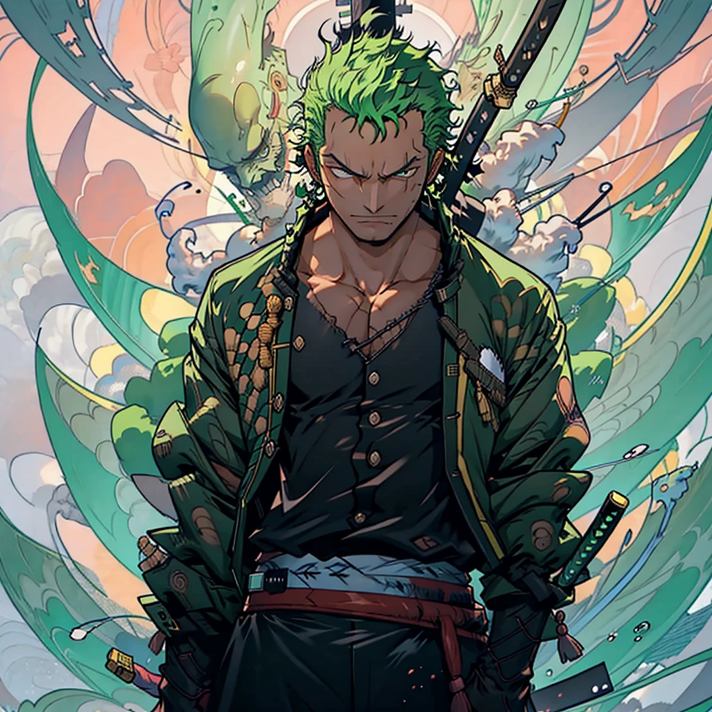 rORONOA Zoro DO ANIME "(ONE PEACE",) standing alone, Looking at Viewer, short hair, long sleeves, 1st grade, GREEN PIRATE suit jacket, upperbody, missiles, male focus, Japanese clothing, green haired, wHater, WAVES, from sideways, scar on left eye, scabbard, scar on the face, Emscabbarddos, (slicked back hair) fire background