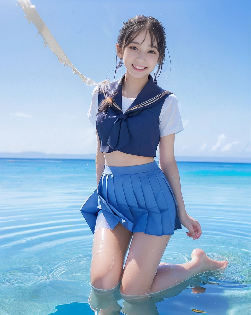(NFSW)、(High resolution:1.5)、Highest quality,Very detailed,masterpiece,Super detailed,alone,(1人の12歳のBig Breastsの女の子),((Summer School Uniforms:1.5)), Seraphim, ((skirt:1.5)), smile, Thigh fetish images: 1.5、(((barefoot)))、(Her thighs and white bikini reflected in the clear blue water)、(reflected in water:1.5)、((I can see the white string panties:1.5))、(Cleavage)、((Clear blue seawater))、Summer sun、はしゃいだsmile、Beautiful Eyes、(pull-out-panties)、(Panties on knees)、(The water is marine blue: 1.5)、(((Glossy thighs)))、((Creative and random outfits))、(Big Breasts)、(Cleavageを強調)