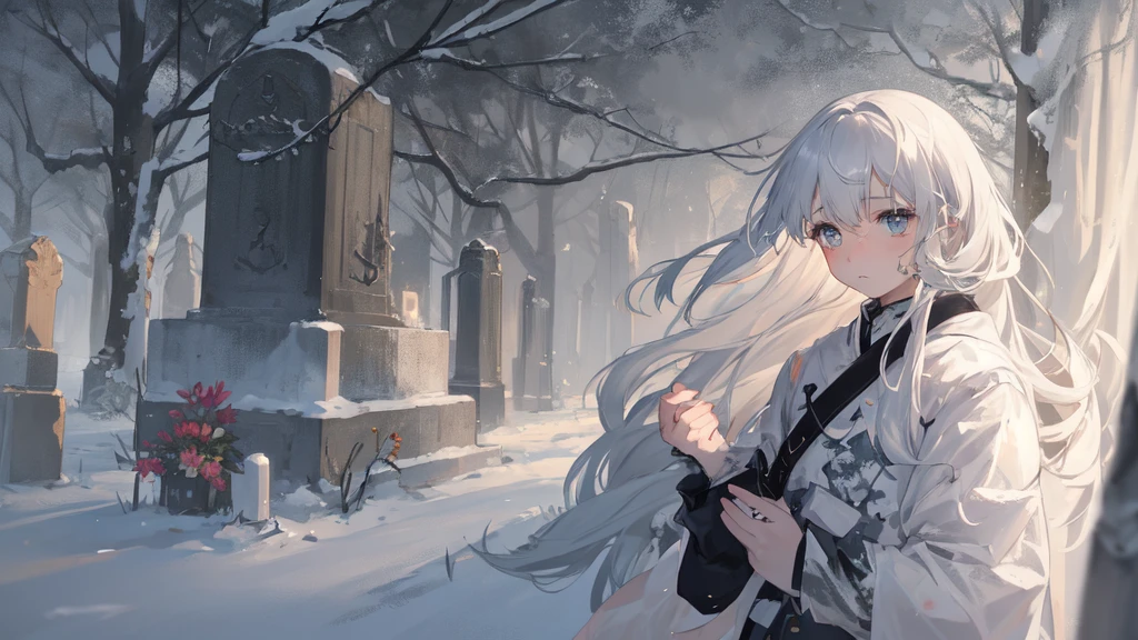 masterpiece:1.2), best quality , 独奏 ,pixiv, anime girl ，long straight white hair , black eyes ,Wearing off-white camouflage uniform ,ten years old，modern battlefield，(Eyes looking into the distance:1.3)，(look away:1.5)，snowy weather，dirty face，The girl looked sadly at the tombstone and shed tears，holding flowers in hands