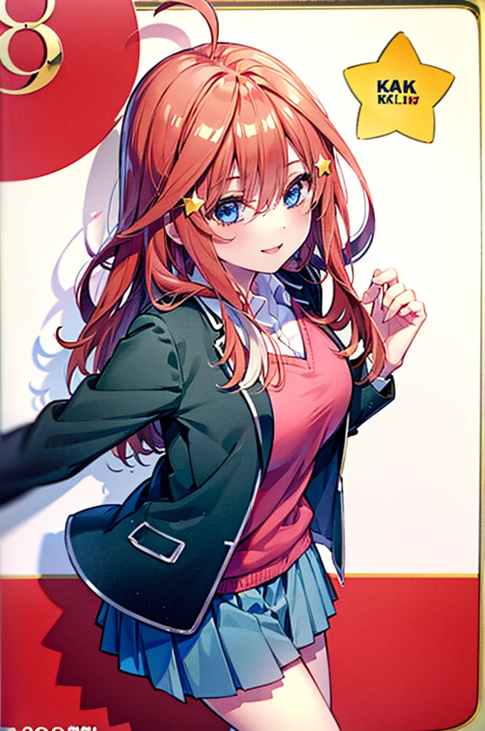 (8K, Highest quality, Highest quality, masterpiece), aaitsuki, long hair, ahoge, star hair ornament, smile, school uniform, blazer, black jacket, open jacket, red sweater, long sleeves, denim short shorts, big breasts, school, from above angle