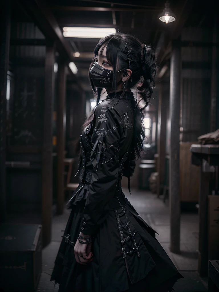 Highest quality、8K、masterpiece:1.3、Gothic Punk、The inside color is red、Black-haired、hair ornaments、Beautiful girl、creative、Dark Fantasy Style、Neogoth、Goth Fashion:1.2、High resolution、masterpiece、Highest quality、頭w:1.3、((Hasselblad Photos))、Fine skin、Sharp focus、(Cinematic lighting)、Realistic textured hair、((Black Mask)),Esbian all over、((View from below))