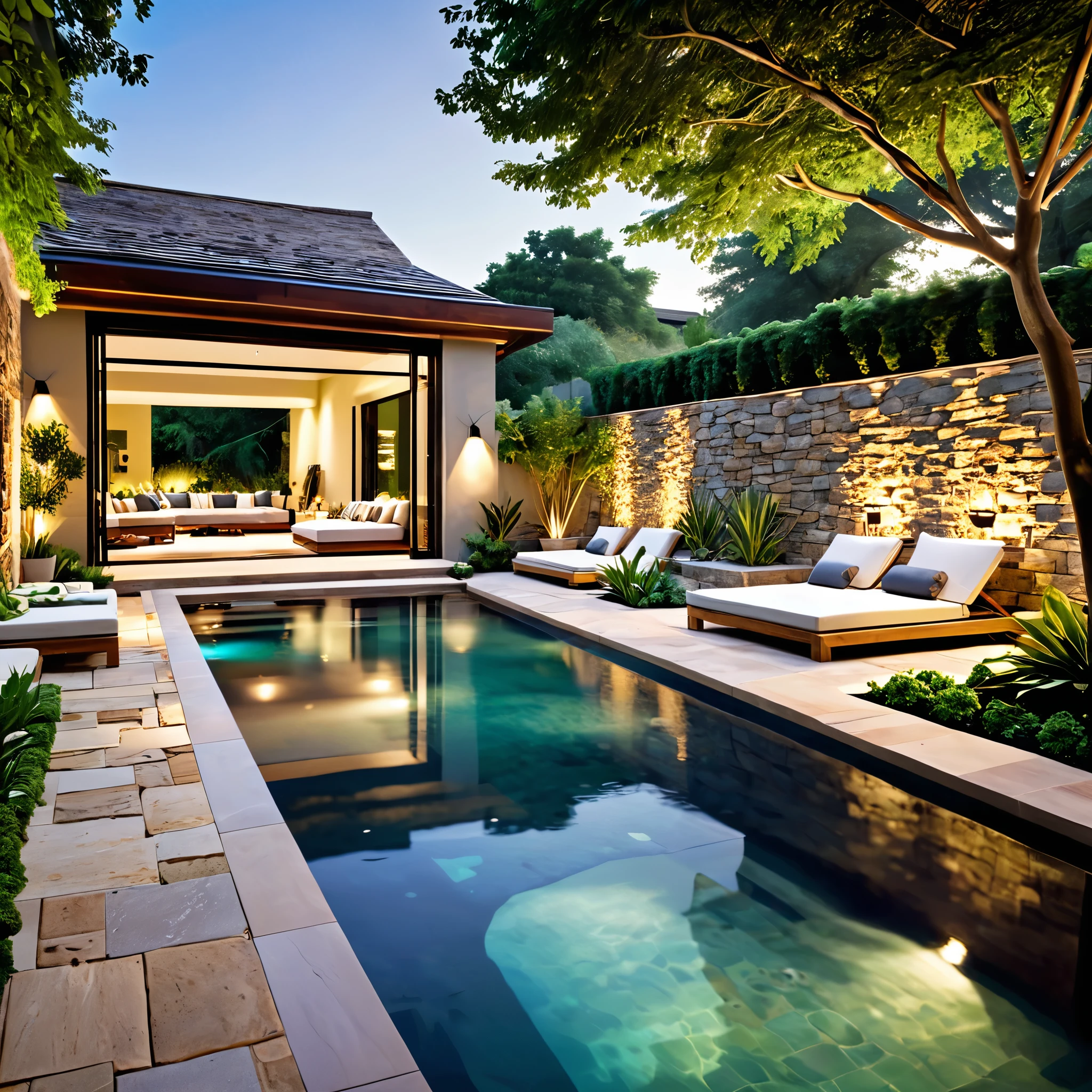 Create a luxurious and modern courtyard scene with a natural pool. The setting should feature a combination of rustic stone walls and contemporary furniture. Include lush greenery, wooden sun loungers with soft cushions, and a comfortable seating area with a table. The lighting should be warm and inviting, highlighting the pool's clear water and the surrounding natural elements.