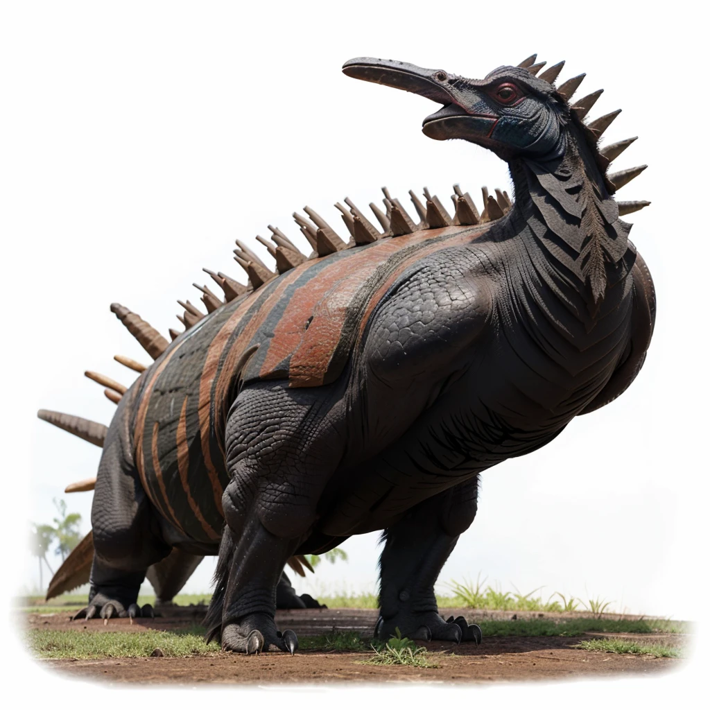 Big Animaly, has grees stripes on his skin, reds eyes, cassowary mixed with stegosaurus, Grassroots, no background