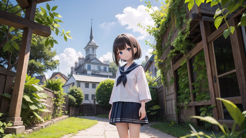 (masterpiece), town, blue sky, One Girl, smile, alone, Sailor suit、Long skirt, Overgrown, petal, plant、Skirt lining、Translucent slip、Nostalgic
