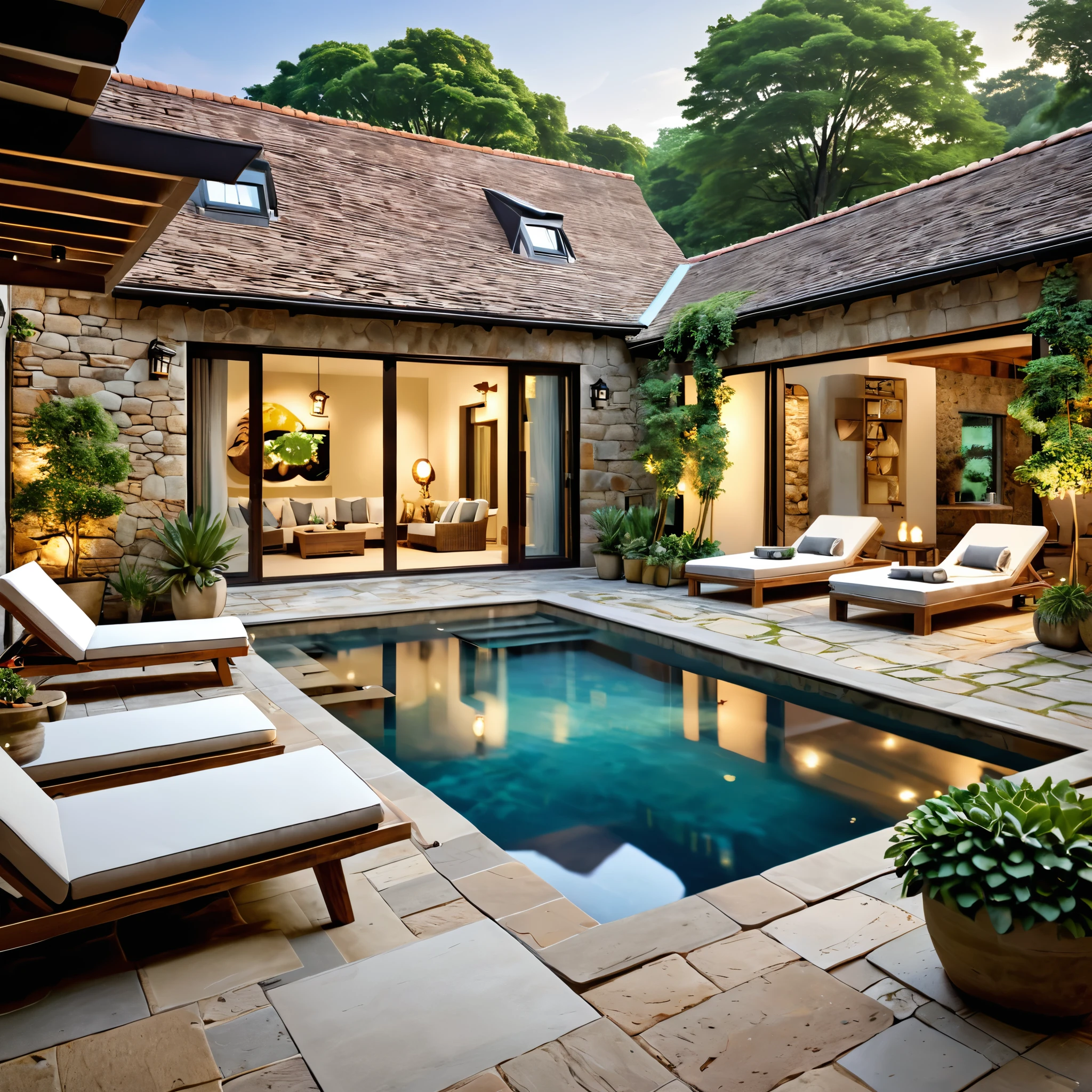 Design a cozy and rustic courtyard with a natural pool. The space should have stone walls that give a charming, aged appearance. Include wooden sun loungers with comfortable cushions, a small dining table with chairs, and various potted plants. The lighting should be soft and warm, enhancing the intimate and relaxing atmosphere. Ensure the pool is the focal point, with its clear water reflecting the natural beauty around it.
