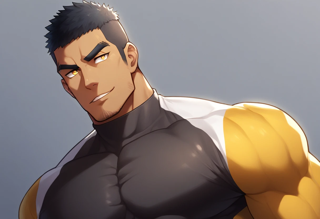 anime characters:Gyee, Muscle Sports Student, negro black skin, 1 dark skin muscular tough guy, Manliness, male focus, Light yellow high collar long sleeve tight T-shirt, Wear a sports jacket, Very tight, Round, full and perky chest muscles, Slightly transparent, muscular male, muscular, only, Upper body, alone, Black short hair, Thick eyebrows, stubble, Yellow eyes, Grey background, simple background, amazing quality, best aesthetics, Ridiculous, bright pupils, crew cut, parted lips, seductive smile, torogao, naughty face, drop shadow, best quality