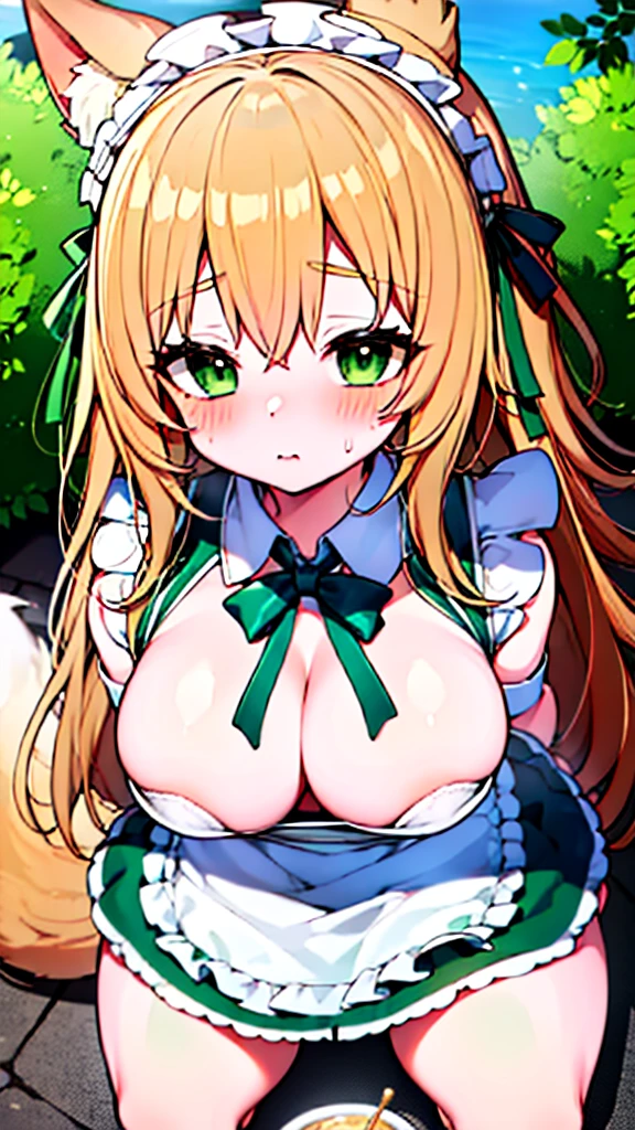 nsfw, 1girl, (Chiffon from maimai, cosplay), from above, sleeveless, blonde, Cat ears, green eyes, fox tale, (blush, nose blush), squatting, (pee, peeing), outdoors, (Green maid outfit, Cream white apron),  (best quality, masterpiece,)