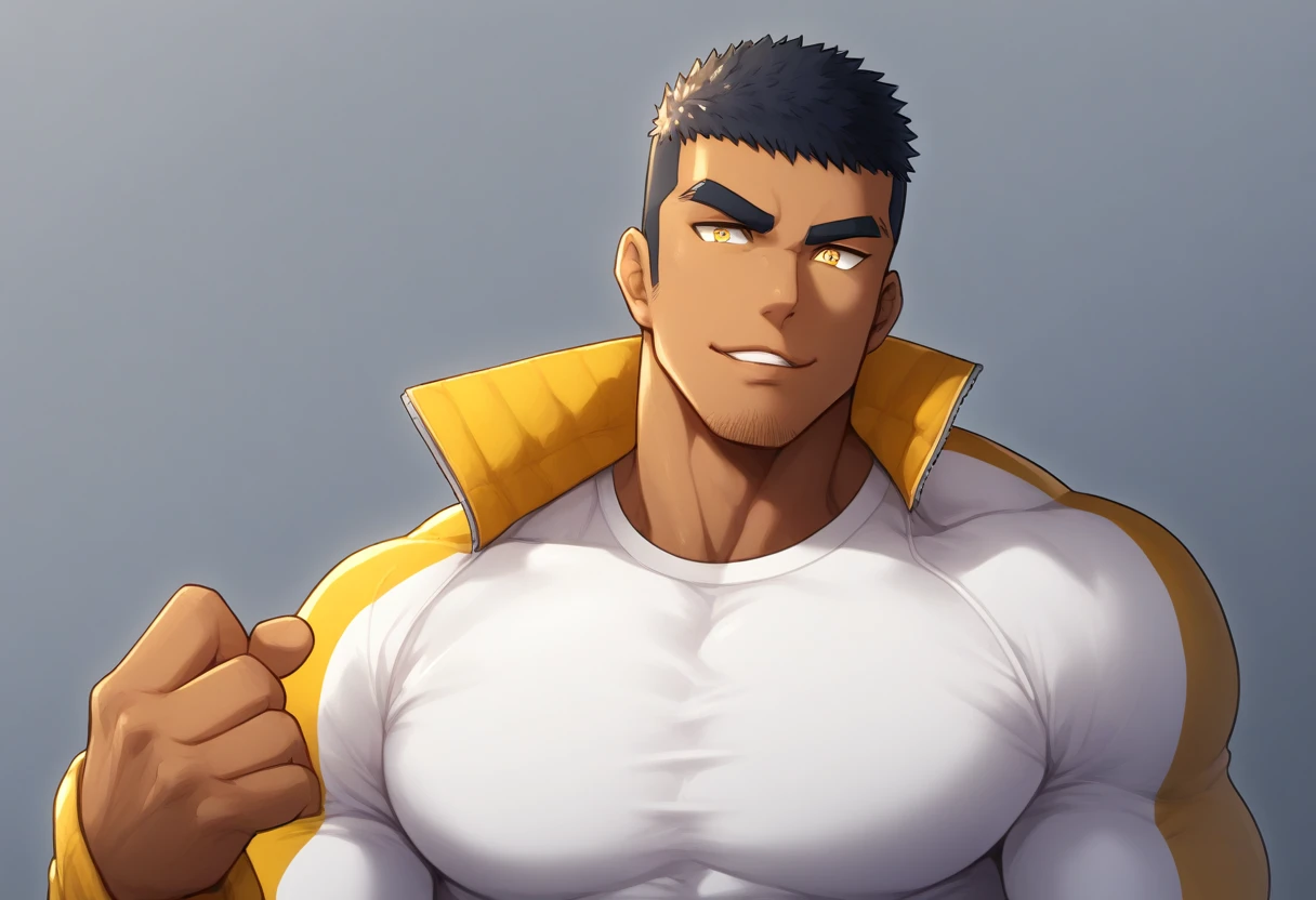 anime characters：Gyee, Muscle Sports Student, negro black skin, 1 dark skin muscular tough guy, Manliness, male focus, Light yellow high collar long sleeve tight T-shirt, Wear a sports jacket, Very tight, Round, full and perky chest muscles, Slightly transparent, muscular male, muscular, only, Upper body, alone, Black short hair, Thick eyebrows, stubble, Yellow eyes, Grey background, simple background, amazing quality, best aesthetics, Ridiculous, bright pupils, crew cut, parted lips, seductive smile, torogao, naughty face, drop shadow, best quality