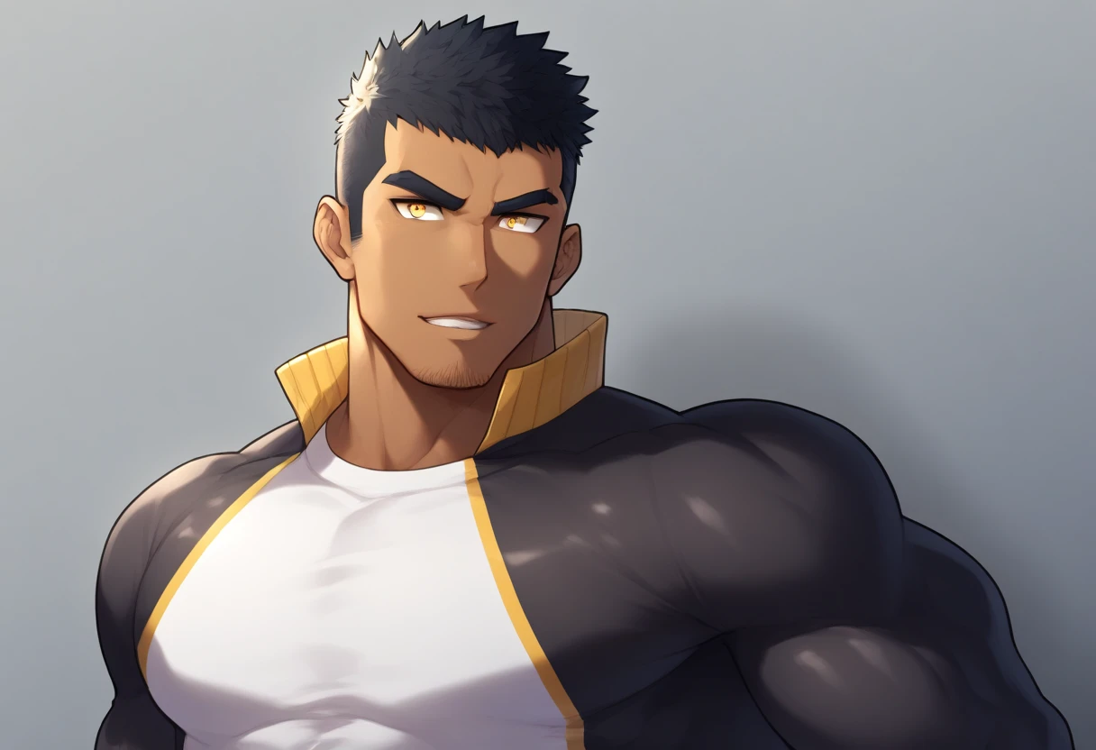 anime characters:Gyee, Muscle Sports Student, negro black skin, 1 dark skin muscular tough guy, Manliness, male focus, Light yellow high collar long sleeve tight T-shirt, Wear a sports jacket, Very tight, Round, full and perky chest muscles, Slightly transparent, muscular male, muscular, only, Upper body, alone, Black short hair, Thick eyebrows, stubble, Yellow eyes, Grey background, simple background, amazing quality, best aesthetics, Ridiculous, bright pupils, crew cut, parted lips, seductive smile, torogao, naughty face, drop shadow, best quality