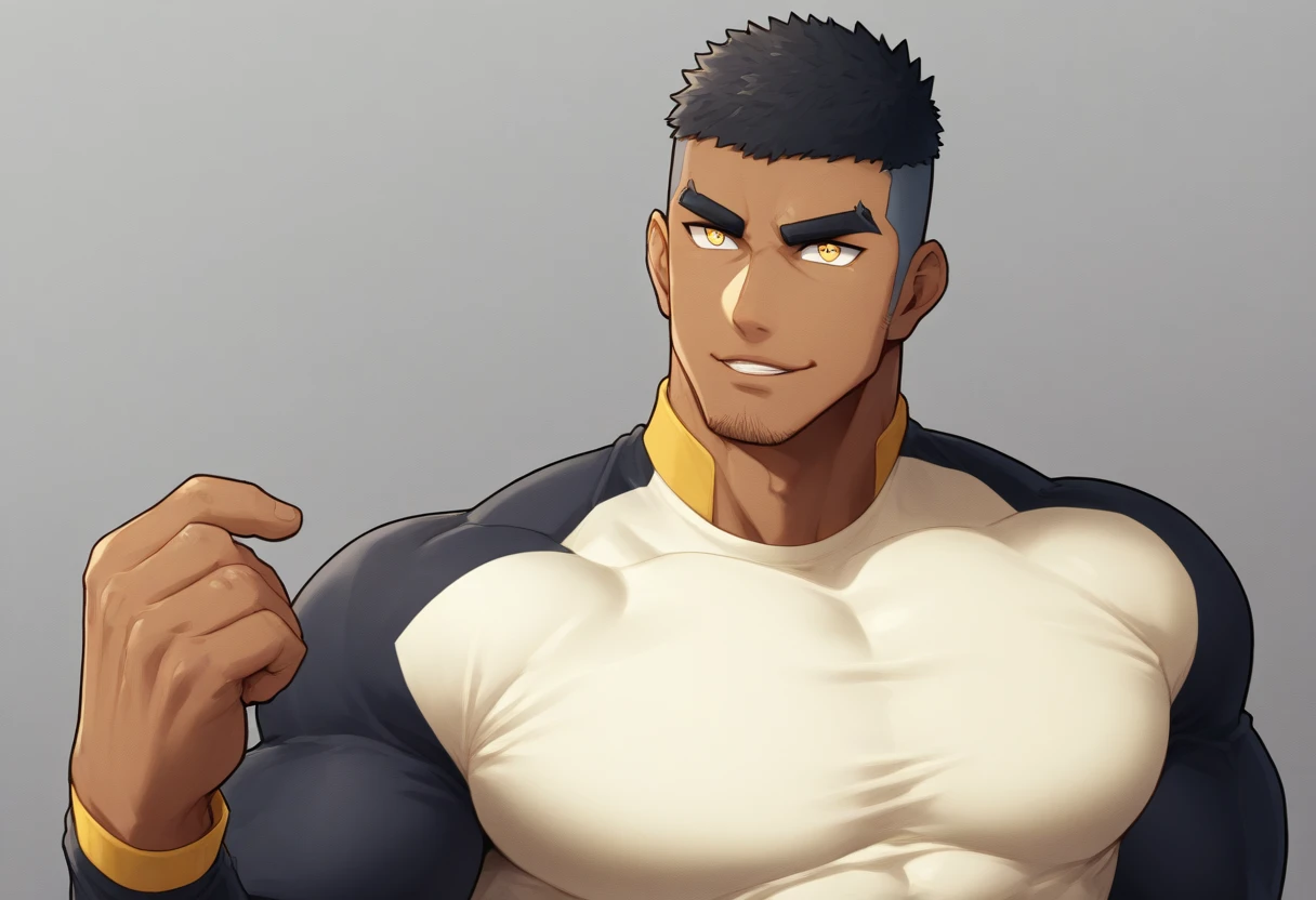 anime characters:Gyee, Muscle Sports Student, negro black skin, 1 dark skin muscular tough guy, Manliness, male focus, Light yellow high collar long sleeve tight T-shirt, Wear a sports jacket, Very tight, Round, full and perky chest muscles, Slightly transparent, muscular male, muscular, only, Upper body, alone, Black short hair, Thick eyebrows, stubble, Yellow eyes, Grey background, simple background, amazing quality, best aesthetics, Ridiculous, bright pupils, crew cut, parted lips, seductive smile, torogao, naughty face, drop shadow, best quality