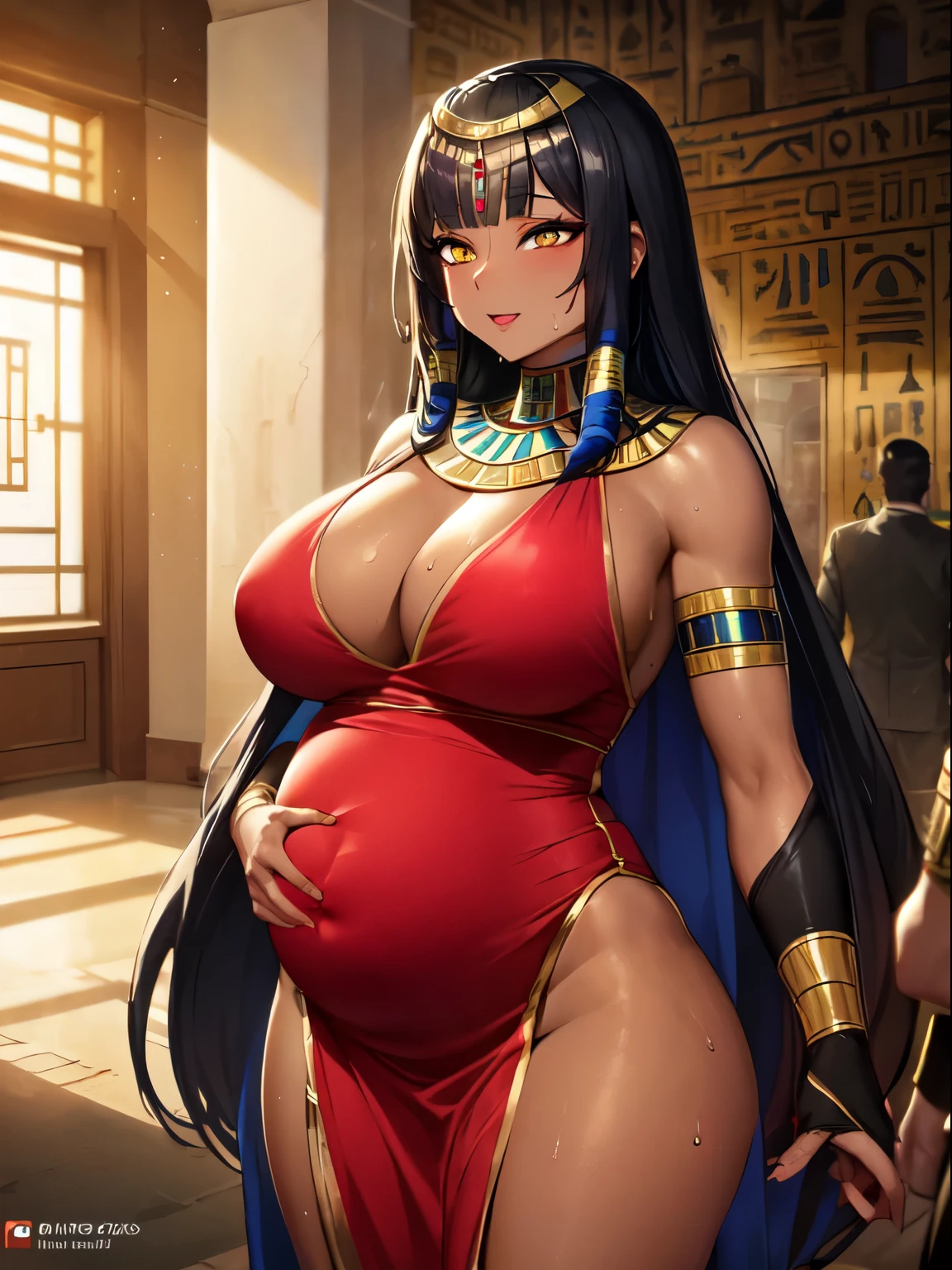 (SLE, MKSK style, detailed background:1.1), (two individuals:1.3), (mature, female,black skin, fancy 이집트 드레스, long hair, black hair, beautiful hair, eye 위의 머리카락, yellow_eye, ?????????, voluptuous body),(male,Egyptian Men, black skin, muscular, 노란eye),((have ???)),((Egyptian Clothes)), sweat, excitement, love, volumetric lighting, egyptian house, fancy