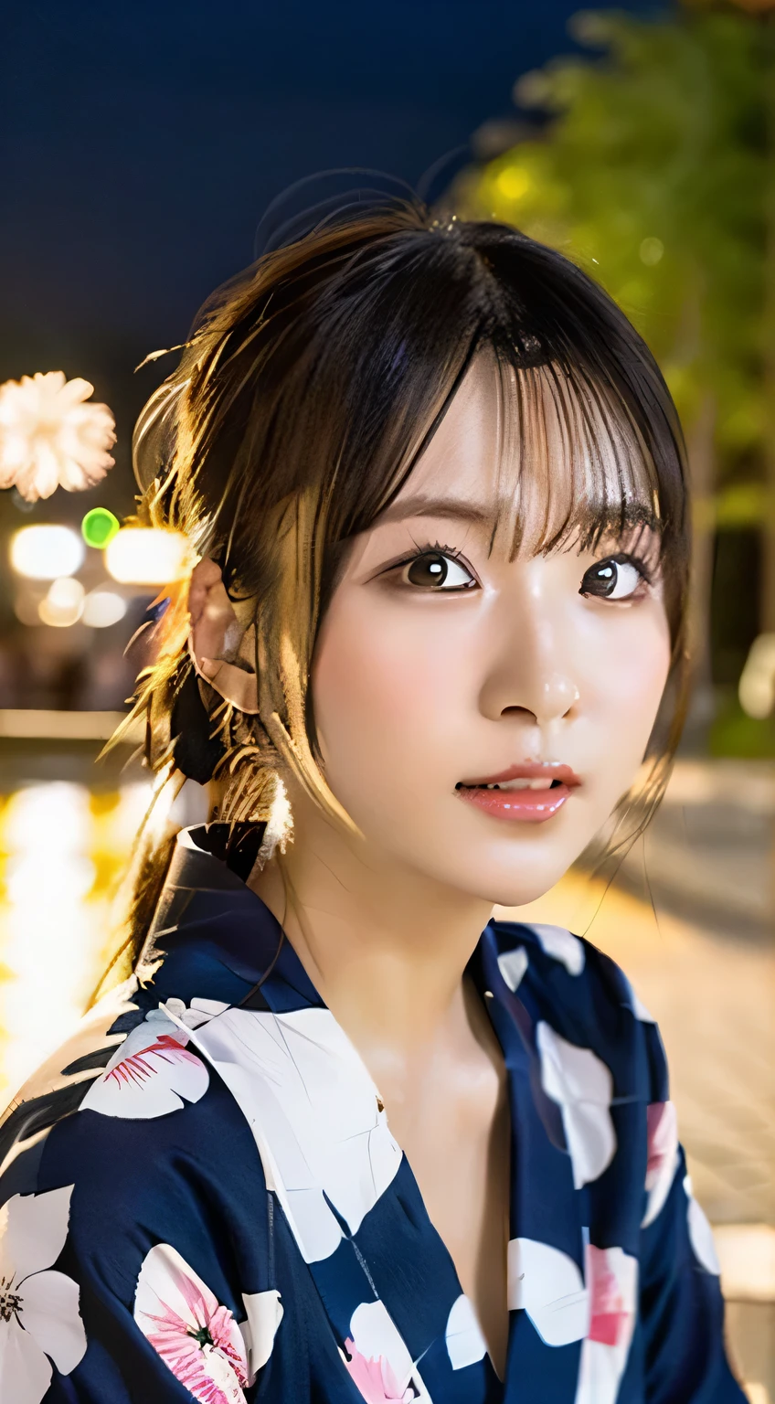 highest quality, The finer details, (Beautiful single girl))), Highly detailed eyes and face, firework, yukata, looking up at firework, ponytail, Large tear bags, double eyelid