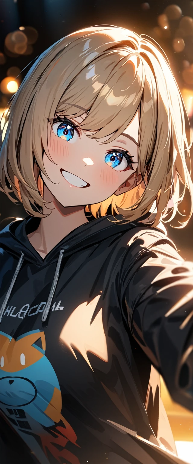 (((One girl))), blond hair, bob cut, (upper body), (looking at viewer), breasts, ager, head tilt:1.3, (((blue eye))), (from side), selfie, reaching, ((happy smile)), black hoodie:1.3, black shorts:1.3, anime style, (best quality, 4k, 8k, highres, masterpiece:1.2, ultra-detailed, ultra-detailed eyes, HDR, UHD, studio lighting, ultra-fine painting, sharp focus, physically-based rendering, extreme detail description, professional, vivid colors, bokeh)