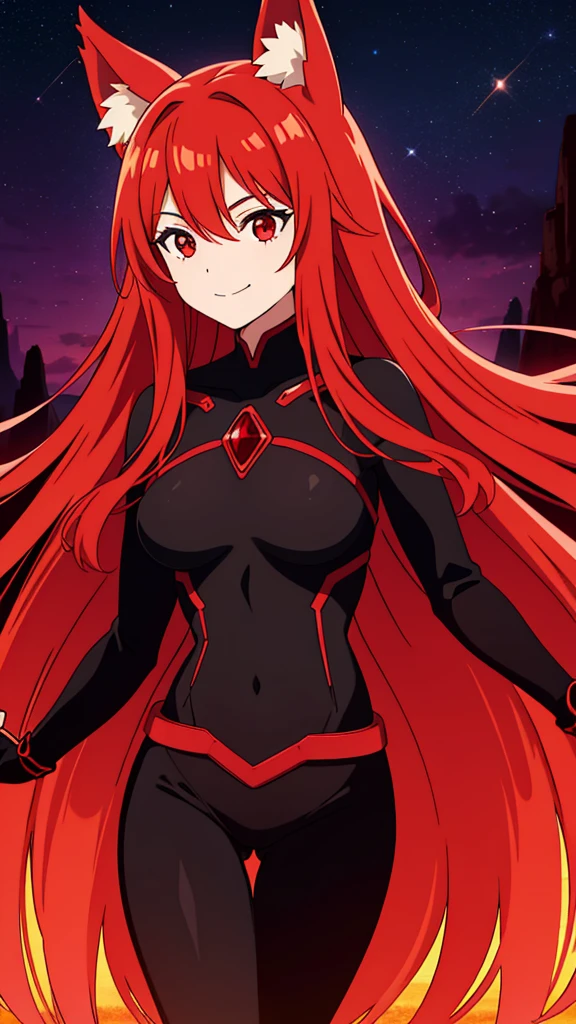 1girl ,20s,happy face,black bodysuit,(red hair),long hair,fox ears,smile,background landscape with vibrant red crystal formations, background exotic flora that lights up in the twilight, background star-filled sky of unfamiliar constellations.)