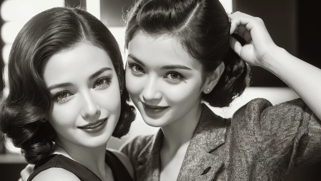 (1940s women:1.3), (1women:1.3), smile shyly, (highly detailed face), (extremely detailed beautiful face), (Early Showa hairstyle, retro hairstyle, 1940 fashionable clothing, oldies fashion:1.3), (Best Quality:1.4), (Ultra-detailed), extremely detailed CG unified 8k wallpaper, Realistic portrait, Beautiful detailed, High-definition raw color photos, professional photography, (fine face:1.2), focus on women, (oldies, oldies songs, Old photos, retro photos, sepia photos, black and white photos, valuable photos that give you a sense of the times), A scene from a retro movie from the 1940s,
