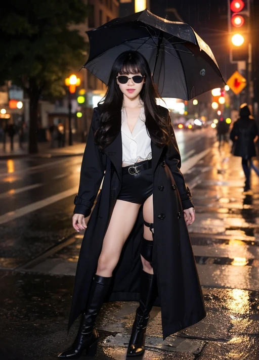 masterpiece, Top quality, illustration, {Beautiful details girl}, Beautiful light shines in the details, Cross-dressing beauty, (black,Trench coat), sunglasses, laughter, Remove the fangs, vampire, Indigo eyes, rainy street corner, rain, Detailed lighting, detailedwater, (Beautiful and delicate eyes: 1.1), Poker face,Mature and sexy, (Long hair), Long bangs, Hair between the eyes, Full body image