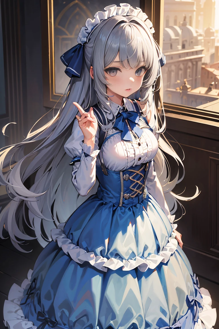 ((best quality)), ((masterpiece)), (detailed), 1 Girl, (Gray long hair), Classic style long skirt,(Cute style),Baroque blue dress,Stacked dress with ruffle trims,