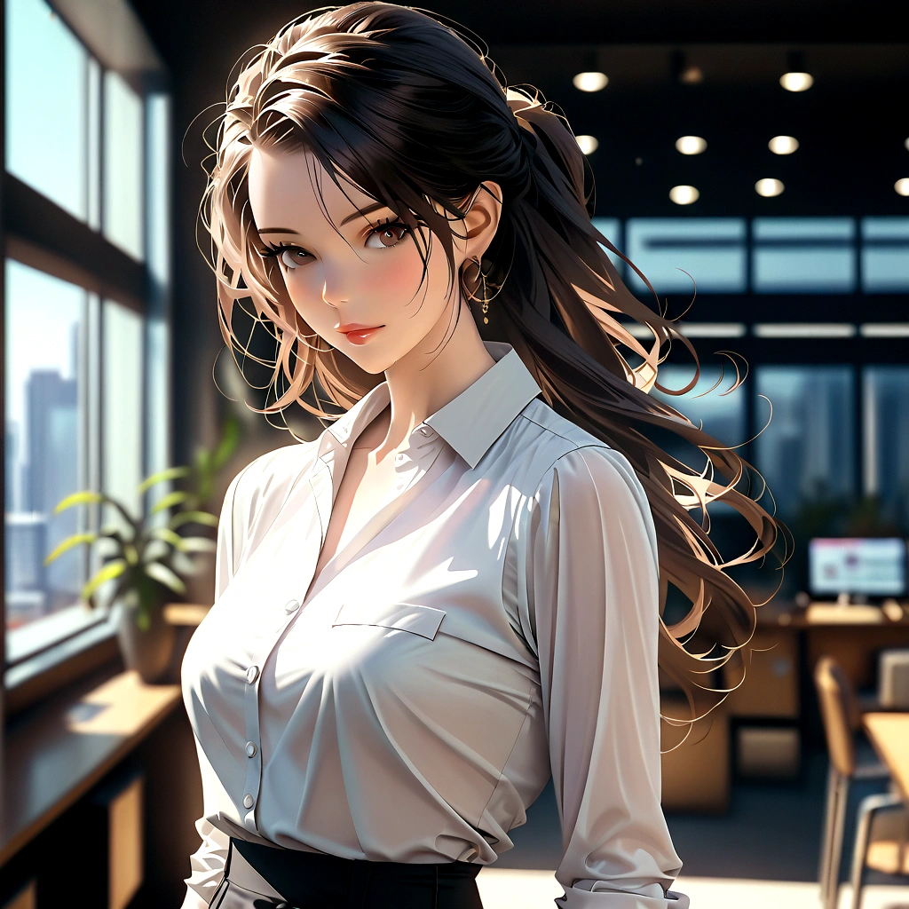 (best quality:1.2, 8k, masterpiece, highly detailed, highest quality), photorealistic, 2D illustration, woman, office setting, professional, black tights, pencil skirt, white blouse, sleek, confident pose, sharp lighting, detailed eyes, beautiful detailed lips, extremely detailed eyes and face, long eyelashes, realistic skin, detailed hair.